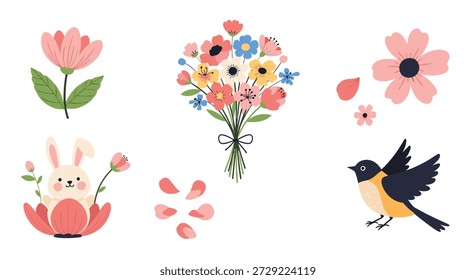 Coleção deliciosa de ilustrações com tema de primavera, incluindo um coelho bonito em uma flor, um buquê colorido e um pássaro cangaceiro voador.