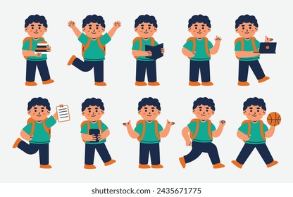 A delightful collection of student characters in various poses with school supplies, ideal for educational themes