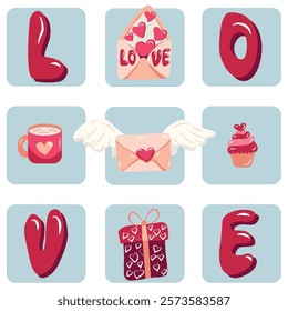 A delightful collection of Valentine-themed illustrations arranged in a 3x3 grid format. Each icon represents love and affection with a playful and modern design