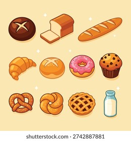 A delightful collection of various baked goods including bread, croissants, donuts, muffins, pretzels, and a bottle of milk.