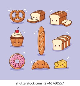 A delightful collection of various bakery items, each with a cute, smiling face, including bread, pastries, and sweets.