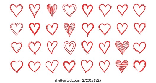 A delightful collection of various handdrawn red heart doodles on a white background, symbolizing love, affection, and celebration. Ideal for Valentines Day, weddings, and romantic themes.