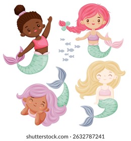 A delightful collection of vector illustrations featuring adorable mermaids with various skin tones and hair colors perfect for childrens designs magical projects and diverse representation