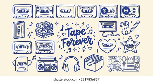 A delightful collection of vintage audio elements including cassette tapes a boombox and headphones rendered in playful doodle aesthetic for nostalgic branding or design projects.