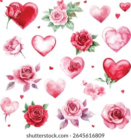 A delightful collection of watercolor hearts and roses in varying shades of red and pink, capturing the essence of romance and love. Watercolor Illustration | Vector