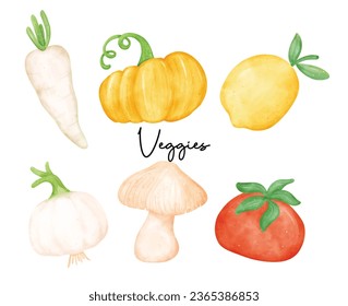 A delightful collection of watercolor vegetable illustrations featuring onion, tomato, mushroom, and more. Perfect for adding a touch of culinary artistry to your projects.