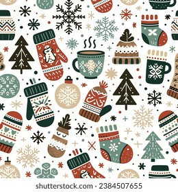  A delightful collection of winter essentials, this design brings together cozy mittens, cheerful snowflakes, and classic Christmas trees in a whimsical vector, perfect for seasonal apparel and decora