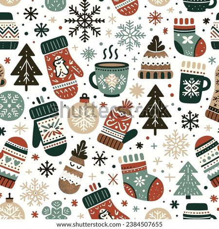  A delightful collection of winter essentials, this design brings together cozy mittens, cheerful snowflakes, and classic Christmas trees in a whimsical vector, perfect for seasonal apparel and decora