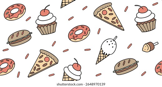 A delightful and colorful cartoon pattern featuring various fast food items like donuts, pizza slices, ice cream cones, cupcakes, and burgers, scattered on a white background with sprinkles.