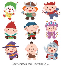 A delightful and colorful cartoon-style illustration featuring kids dressed in various fantasy and costume-themed outfits.