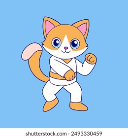 A delightful and colorful hand-drawn cartoon style of  white background of very cute kitten in various poses of martial art The young artist