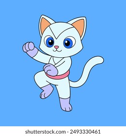 A delightful and colorful hand-drawn cartoon style of  white background of very cute kitten in various poses of martial art The young artist