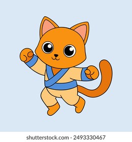 A delightful and colorful hand-drawn cartoon style of  white background of very cute kitten in various poses of martial art The young artist