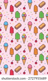 A delightful and colorful pattern featuring various ice cream cones, popsicles, and cherries on a pink background with sprinkles, perfect for summer themes.