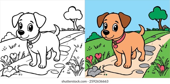 A delightful coloring page featuring a cute and friendly puppy walking along a scenic nature trail. This simple and fun design, with bold outlines and easy-to-color shapes, is perfect for kids and dog