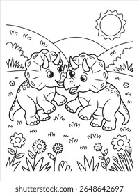 a delightful coloring page featuring two cute triceratops in a sunny field with flowers and hills, perfect for kids and dinosaur lovers alike