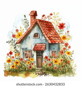 A delightful cozy house with a red-shingled roof stands in a colorful flower garden filled with various blooms and lush greenery, creating a peaceful, inviting atmosphere