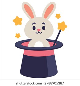 Delightful creative composition with darling rabbit magic hat amusing created as charming flat design for posters and prints