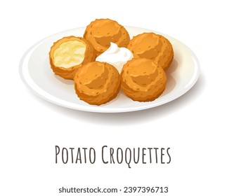 Espléndidas croquetas de patata crujientes. Comida hecha con puré de patatas recubiertas de migas de pan y fritas. Plato aislado con picante o aperitivo en forma de bola con crema agria. Vector de estilo plano