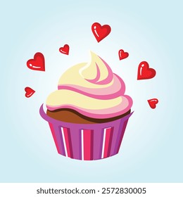 A delightful cupcake decorated with hearts, perfect for Valentine's Day.