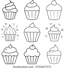 Ilustrações deliciosas de bolinho conjunto para colorir