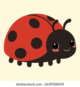 A delightful and cute cartoon vector illustration of a red ladybug (ladybird) with characteristic black spots, antennae, and a friendly, smiling face, rendered in a popular "kawaii" style.