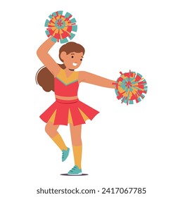 Delightful Cute Cheerleader Girl Character With A Radiant Smile, Adorned In A Vibrant Uniform, Gracefully Twirling Pompoms, Spreading Joy With Each Spirited Cheer. Cartoon People Vector Illustration