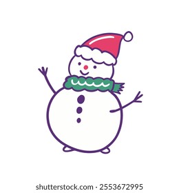 A delightful, cute snowman adorned with a festive Santa hat and a cheerful green scarf, ideal for winter themed designs