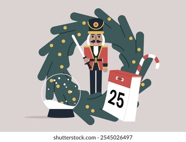 Delightful decorations showcase a nutcracker standing proudly amidst a cheerful wreath, a snow globe nearby, and a calendar marking the 25th, capturing the essence of festive anticipation