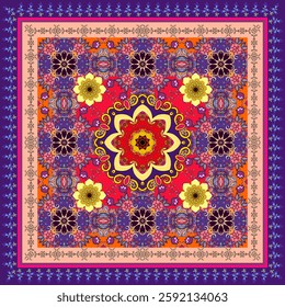 A delightful design for a scarf with mandalas and flowers and a beautiful floral frame.