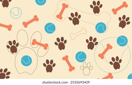 A delightful design showcases paw prints, a bouncy ball, and crunchy bones, celebrating our furry friends.