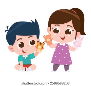 A delightful digital illustration of a boy and girl happily playing with hand puppets.