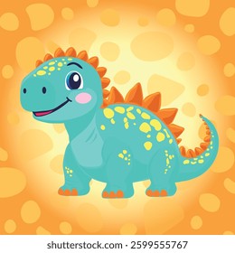 A delightful digital illustration of a cute blue baby dinosaur, resembling a friendly Stegosaurus. This adorable character features a big happy smile, large sparkling eyes. 