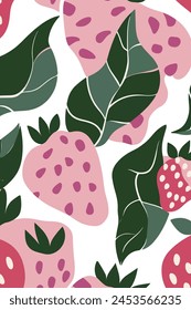 A delightful digital illustration featuring an array of stylized strawberries interspersed with lush green leaves, creating a charming and playful pattern.
