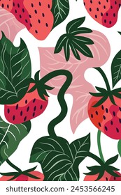 A delightful digital illustration featuring an array of stylized strawberries interspersed with lush green leaves, creating a charming and playful pattern.
