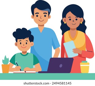 A delightful digital illustration of A Indian boy is doing his homework and his father and mother is standing behind him and taking care of him