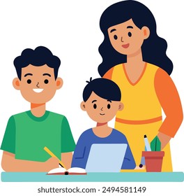 A delightful digital illustration of A Indian boy is doing his homework and his father and mother is standing behind him and taking care of him