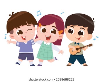 A delightful digital illustration of three happy children enjoying music together. One child is playing the guitar while the others sing and dance joyfully.