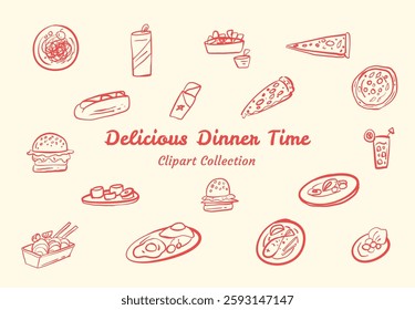 Delightful Dinner Food Clipart Set Tasty and Appetizing Design For Culinary Illustrations