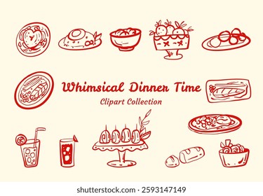 Delightful Dinner Food Clipart Set Tasty and Appetizing Design For Culinary Illustrations