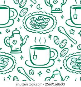 A delightful doodle pattern showcasing traditional Ramadan Iftar elements like teapots, dates, and cups.