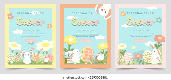 A delightful Easter bunny resting on a cake surrounded by colorful eggs, ideal for festive designs and greetings.