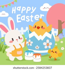 A delightful Easter illustration featuring a cute bunny painting a large decorated egg while happy baby chicks celebrate in a colorful spring garden. 