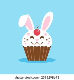A delightful Easter-themed cupcake topped with cute bunny ears made of fondant or marshmallow. The cupcake is beautifully decorated with pastel frosting