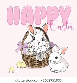 A delightful Easter-themed illustration featuring a basket filled with daisies and a cute bunny. Perfect for Easter cards, decorations, and seasonal designs.