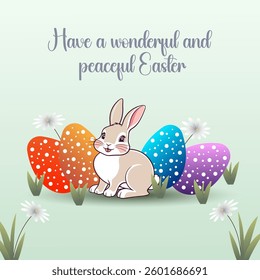 Delightful Easter-themed illustration with a happy bunny, bright spotted eggs, and lush grass, great for festive invitations, seasonal greeting cards, and holiday decorations.