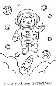 A delightful, easy to color printable worksheet featuring a happy astronaut floating in space with planets and a rocket