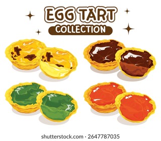 Uma deliciosa ilustração vetorial da Coleção Egg Tart, desenhada à mão com cores vibrantes que mostram sabores clássicos, de chocolate, matcha e chá tailandês. Perfeito para menus de padaria ou promoções de sobremesa.
