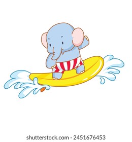 Delightful Elephant Enjoying Surfing: A Cartoon Themed Vector Asset Depicting a Summer Day on a White Background