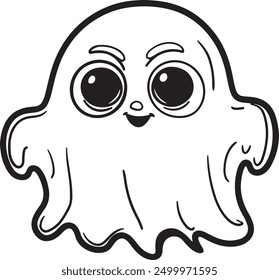 A delightful and engaging line art illustration of a chubby ghost with big, round eyes and little smile..eps
